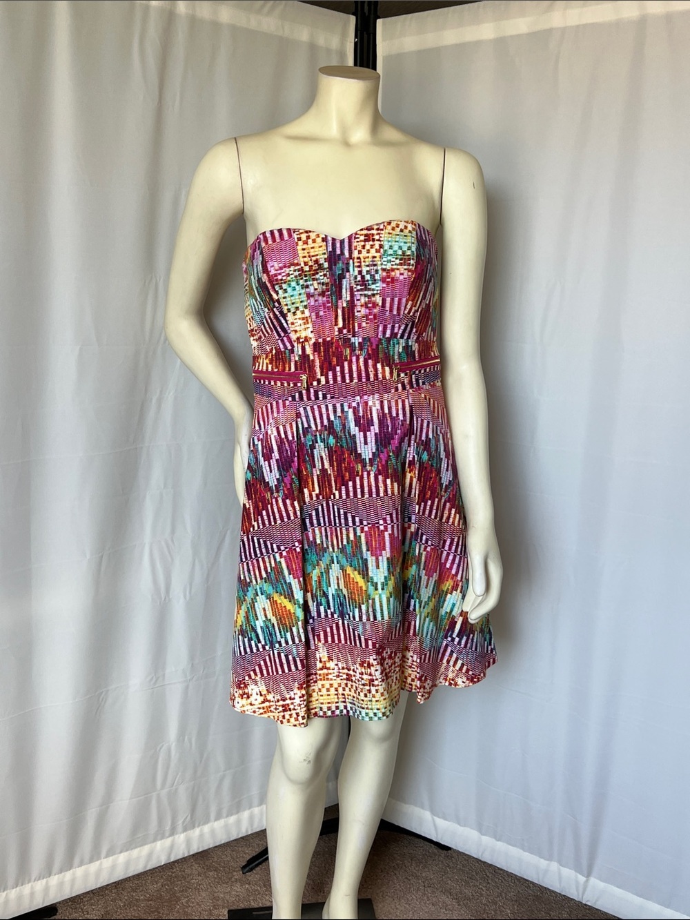 Guess Strapless Multicolor Print Fit and Flare Dress
